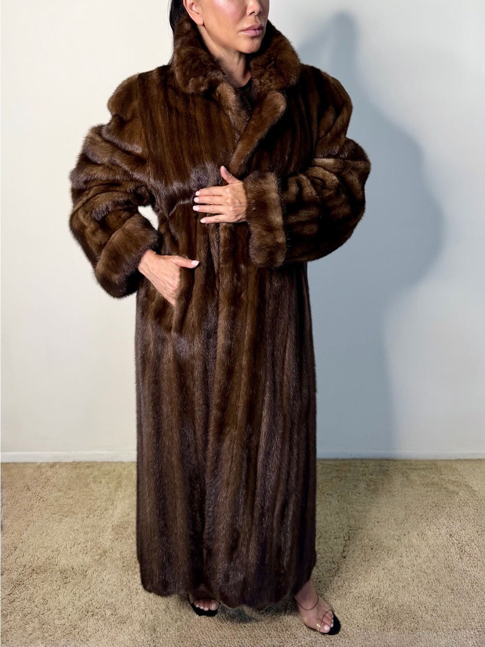 Oscar de la Renta Vintage Genuine Mink Fur Coat Full Length Mahogany Brown